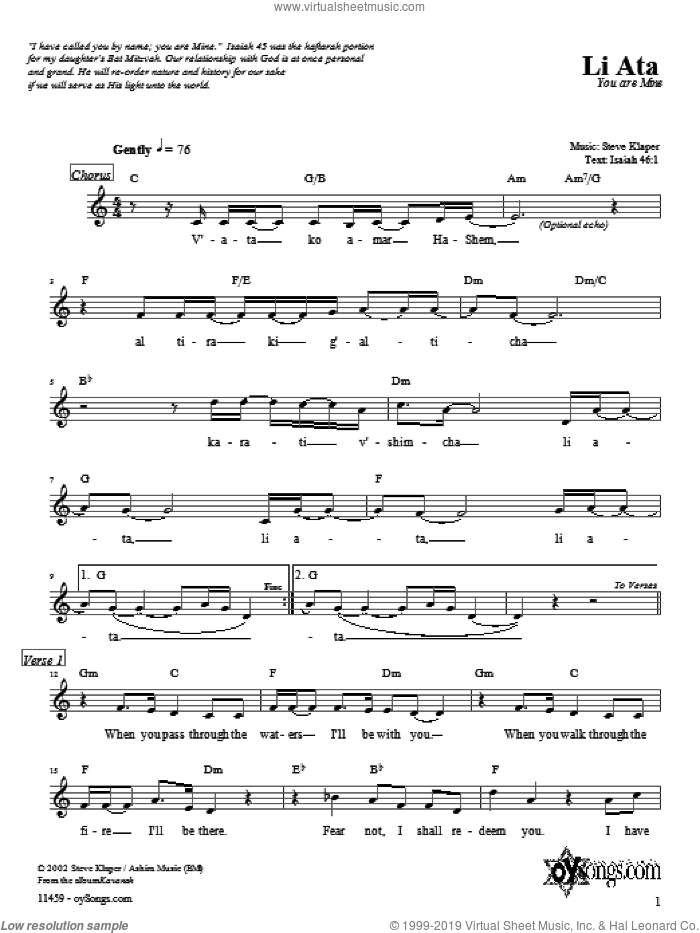 Li Ata sheet music for voice and other instruments (fake book) by Steve Klaper, intermediate skill level