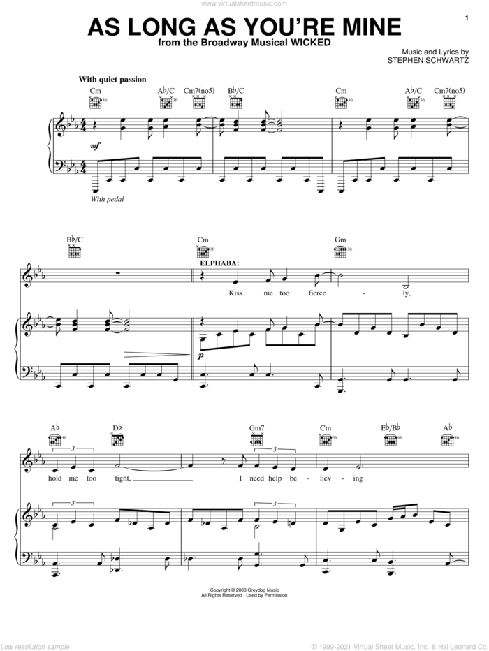 As Long As You're Mine (from Wicked) sheet music for voice, piano or guitar by Stephen Schwartz and Wicked (Musical), intermediate skill level