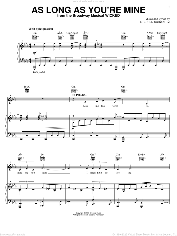 As Long As You're Mine (from Wicked) sheet music for voice, piano or guitar by Stephen Schwartz and Wicked (Musical), intermediate skill level