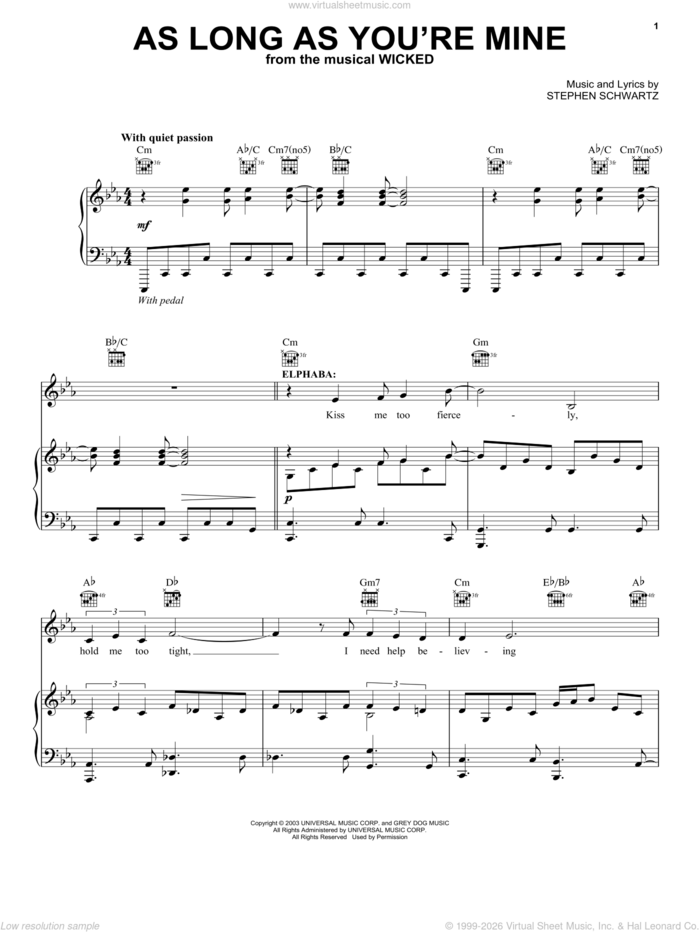 As Long As You're Mine (from Wicked) sheet music for voice, piano or guitar by Stephen Schwartz and Wicked (Musical), intermediate skill level