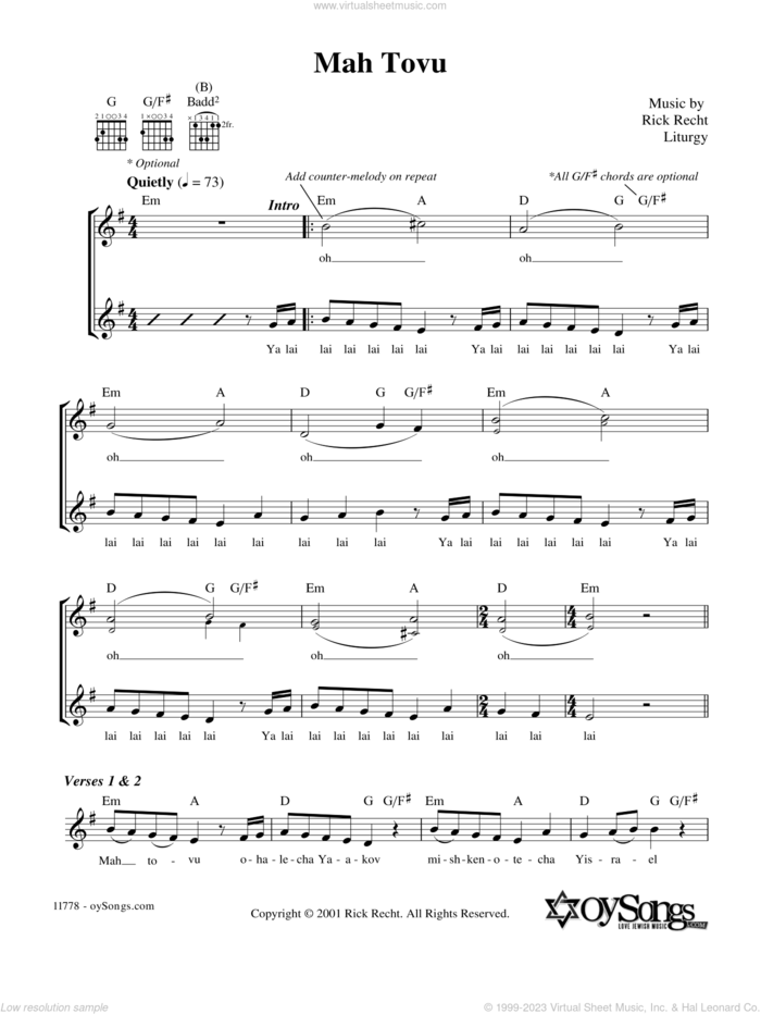 Mah Tovu sheet music for voice and other instruments (fake book) by Rick Recht, intermediate skill level