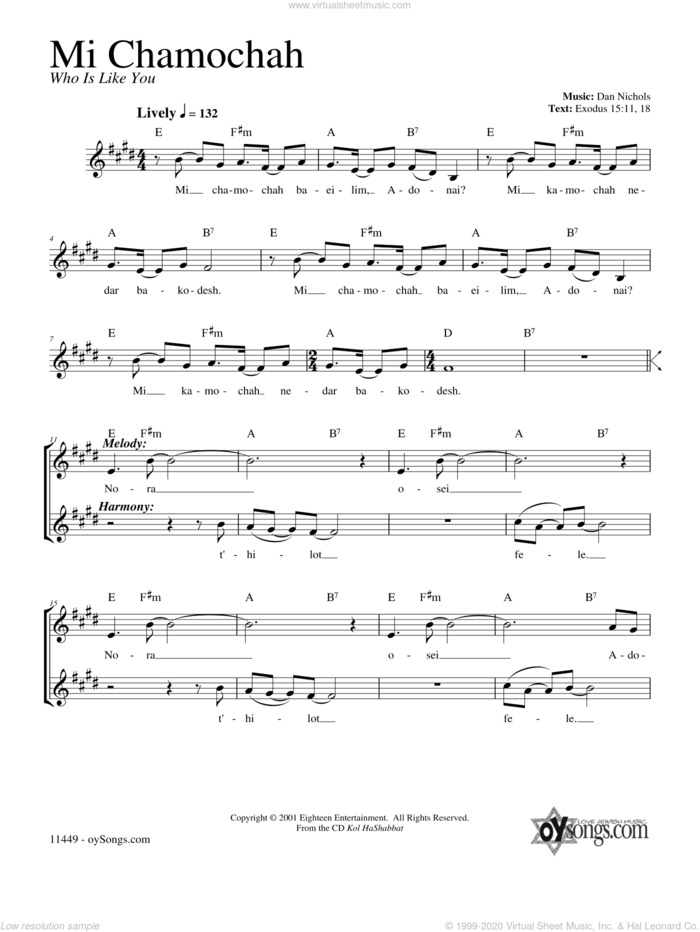 Mi Chamocha sheet music for voice and other instruments (fake book) by Dan Nichols, intermediate skill level