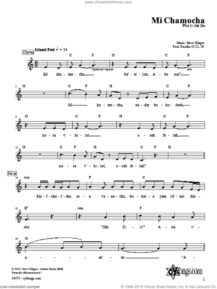 Mi Chamocha sheet music for voice and other instruments (fake book) by Steve Klaper, intermediate skill level