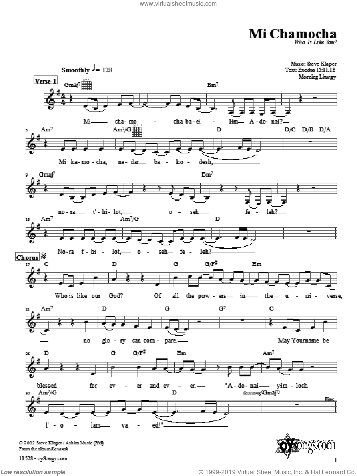Mi Chamocha (morning) sheet music for voice and other instruments (fake book) by Steve Klaper, intermediate skill level