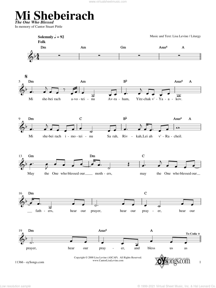 Mi Shebeirach sheet music for voice and other instruments (fake book) by Lisa Levine, intermediate skill level