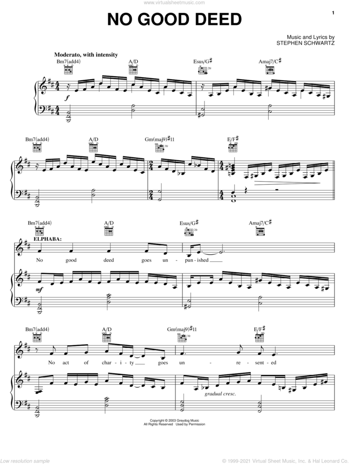 No Good Deed (from Wicked) sheet music for voice, piano or guitar by Stephen Schwartz and Wicked (Musical), intermediate skill level