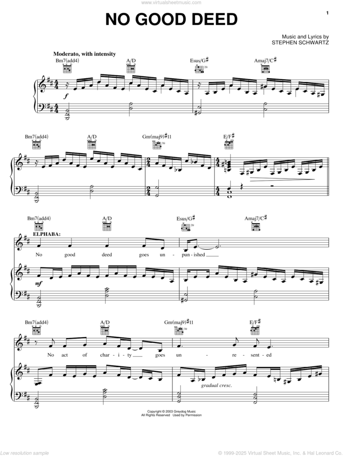 No Good Deed (from Wicked) sheet music for voice, piano or guitar by Stephen Schwartz and Wicked (Musical), intermediate skill level