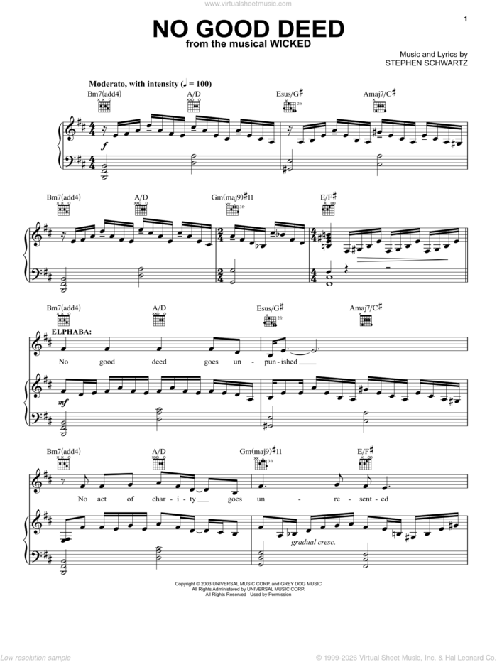 No Good Deed (from Wicked) sheet music for voice, piano or guitar by Stephen Schwartz and Wicked (Musical), intermediate skill level