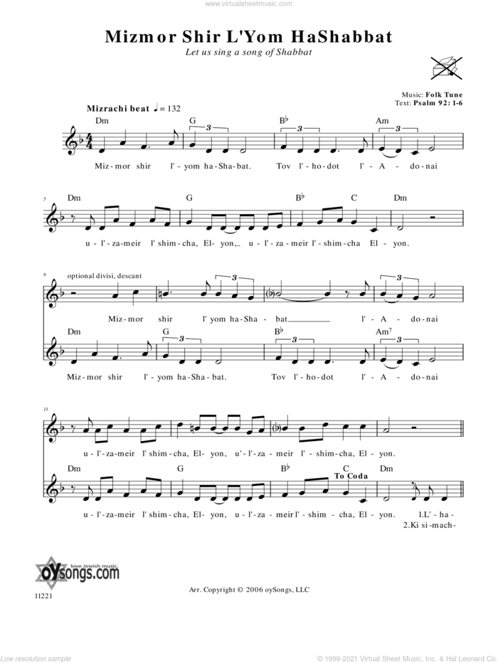 Mizmor Shir L'Yom HaShabbat (Let Us Sing A Song Of Shabbat) sheet music for voice and other instruments (fake book), intermediate skill level