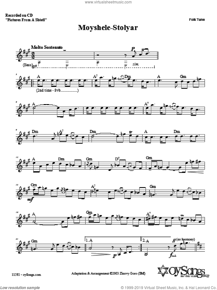 Moyshele-Stolyar sheet music for voice and other instruments (fake book) by Zinovy Goro, intermediate skill level