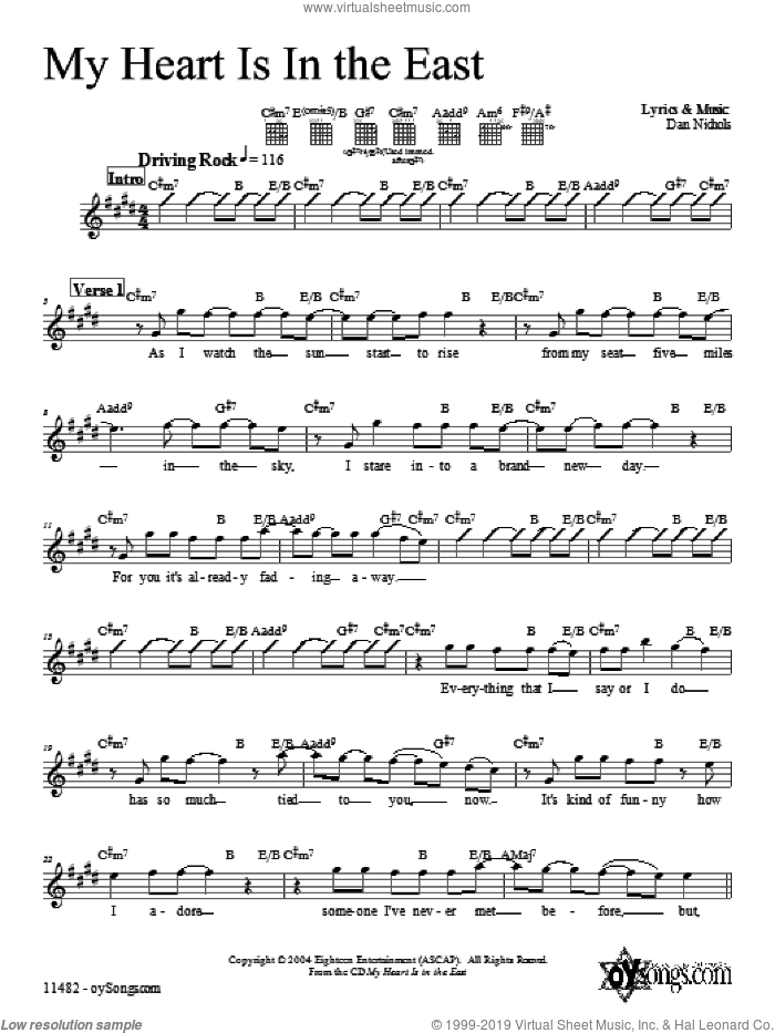 My Heart Is In the East sheet music for voice and other instruments (fake book) by Dan Nichols, intermediate skill level