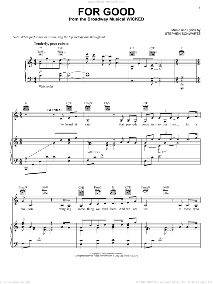 For Good (from Wicked) sheet music for voice, piano or guitar by Stephen Schwartz and Wicked (Musical), intermediate skill level