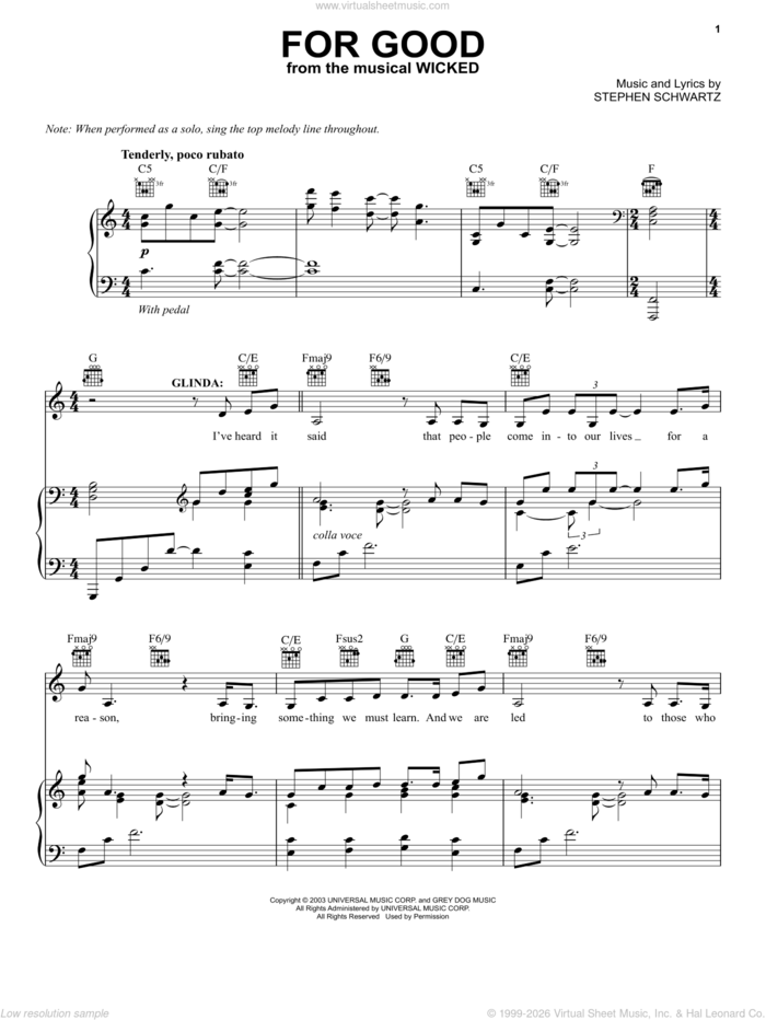 For Good (from Wicked) sheet music for voice, piano or guitar by Stephen Schwartz and Wicked (Musical), intermediate skill level