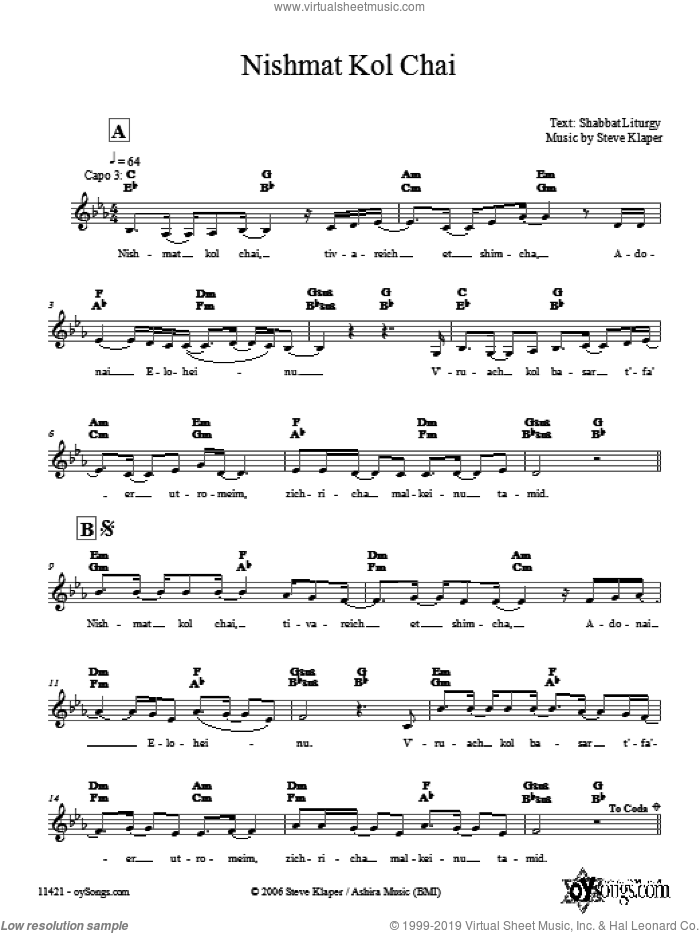 Nishmat Kol Chai sheet music for voice and other instruments (fake book) by Steve Klaper, intermediate skill level