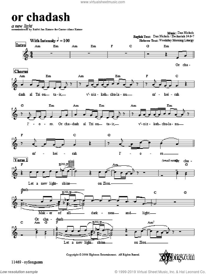 Or Chadash sheet music for voice and other instruments (fake book) by Dan Nichols, intermediate skill level