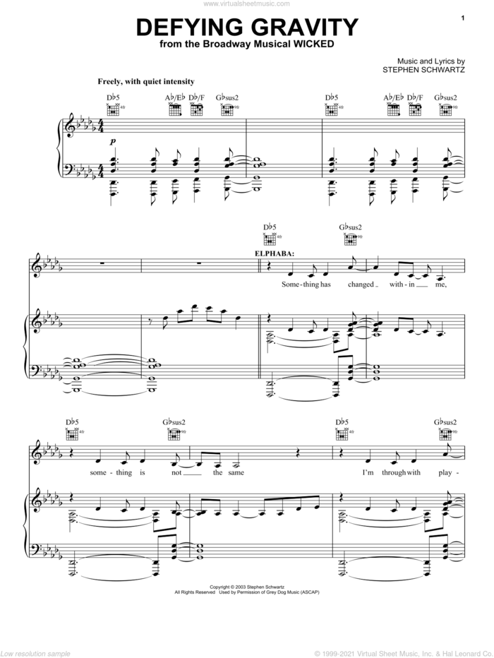 Defying Gravity (from Wicked) sheet music for voice, piano or guitar by Stephen Schwartz, Miscellaneous and Wicked (Musical), intermediate skill level