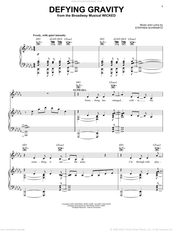 Defying Gravity (from Wicked) sheet music for voice, piano or guitar by Stephen Schwartz, Miscellaneous and Wicked (Musical), intermediate skill level