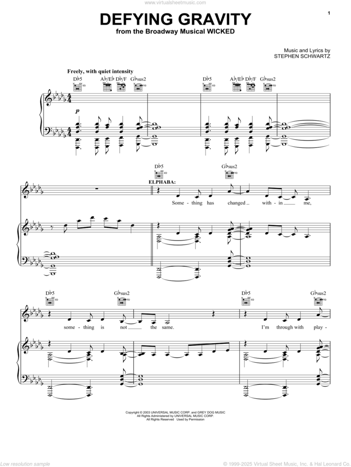 Defying Gravity (from Wicked) sheet music for voice, piano or guitar by Stephen Schwartz, Miscellaneous and Wicked (Musical), intermediate skill level