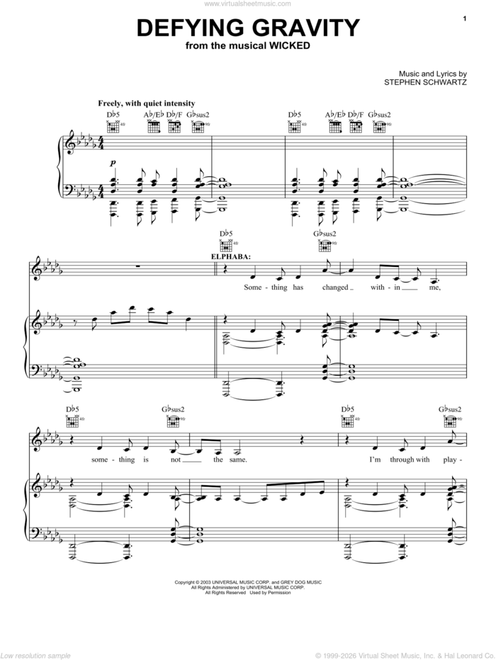 Defying Gravity (from Wicked) sheet music for voice, piano or guitar by Stephen Schwartz, Miscellaneous and Wicked (Musical), intermediate skill level