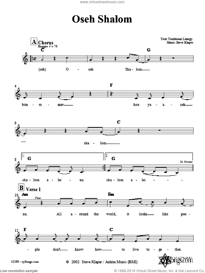 Oseh Shalom sheet music for voice and other instruments (fake book) by Steve Klaper, intermediate skill level