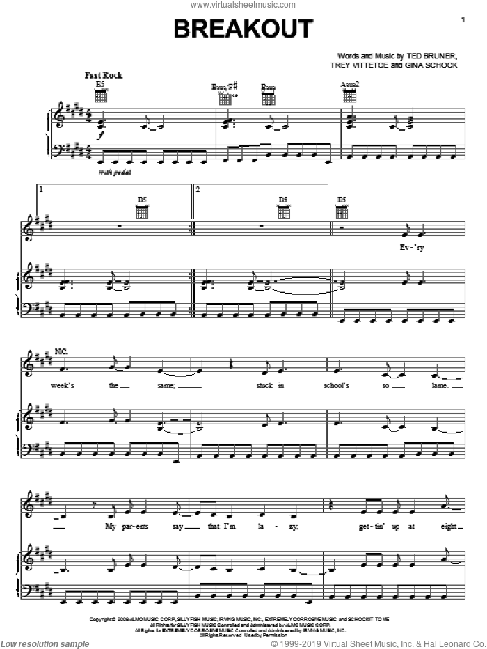 Breakout sheet music for voice, piano or guitar by Miley Cyrus, Gina Schock, Ted Bruner and Trey Vittetoe, intermediate skill level