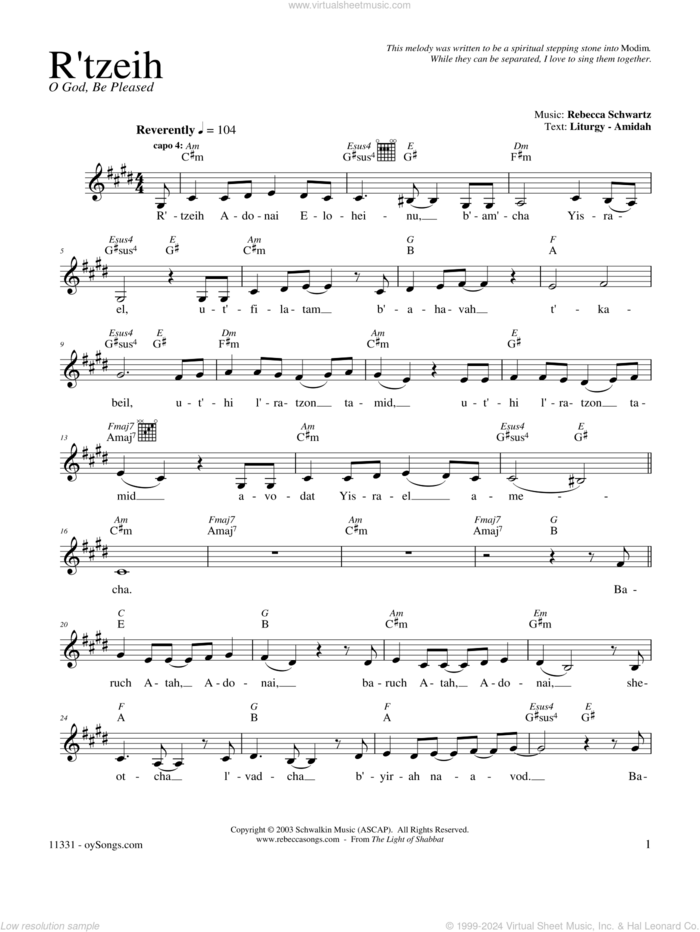 R'tzeih sheet music for voice and other instruments (fake book) by Rebecca Schwartz, intermediate skill level