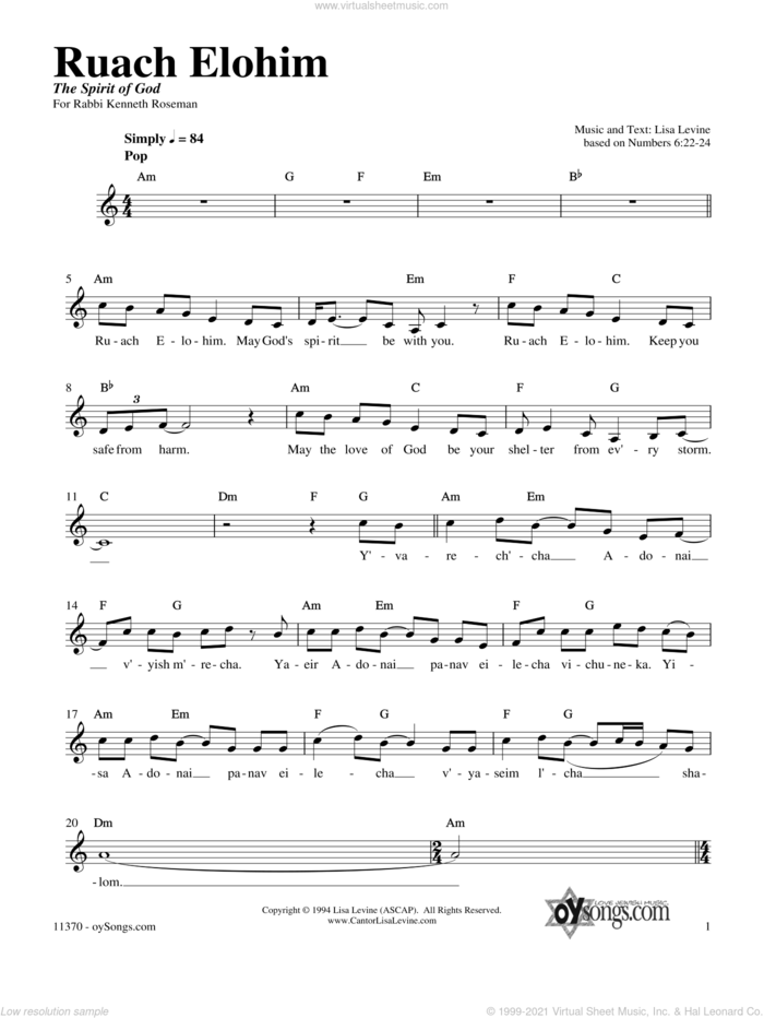 Ruach Elohim sheet music for voice and other instruments (fake book) by Lisa Levine, intermediate skill level