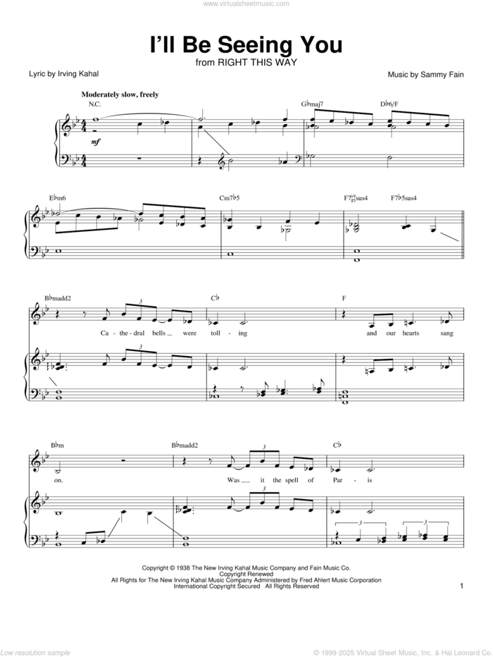 I'll Be Seeing You sheet music for voice, piano or guitar by Linda Eder, Billie Holiday, Jo Stafford, Irving Kahal and Sammy Fain, intermediate skill level