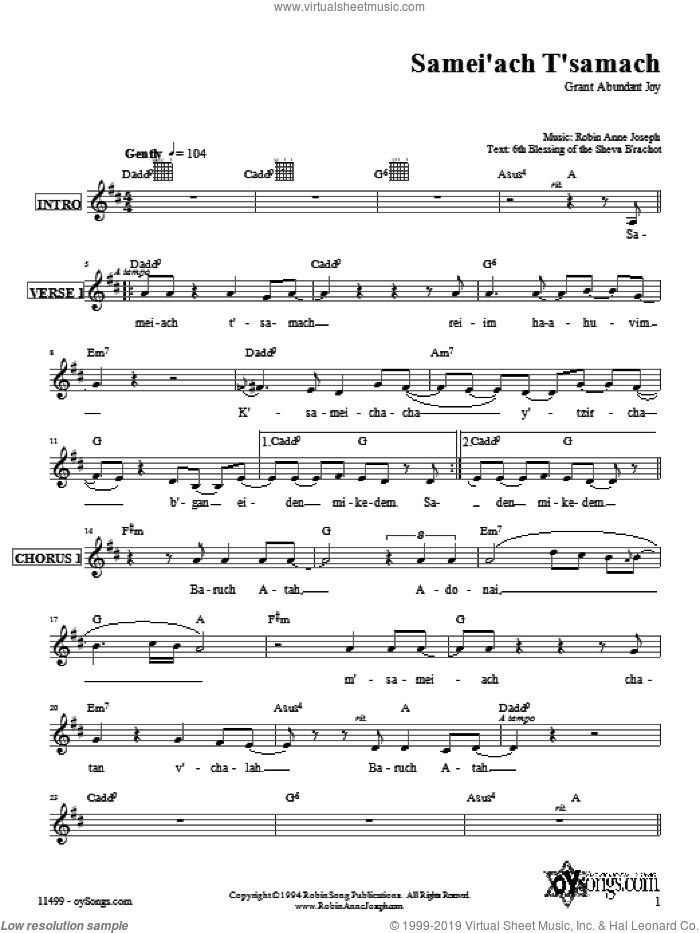 Samei'ach T'samach sheet music for voice and other instruments (fake book) by Robin Joseph, intermediate skill level