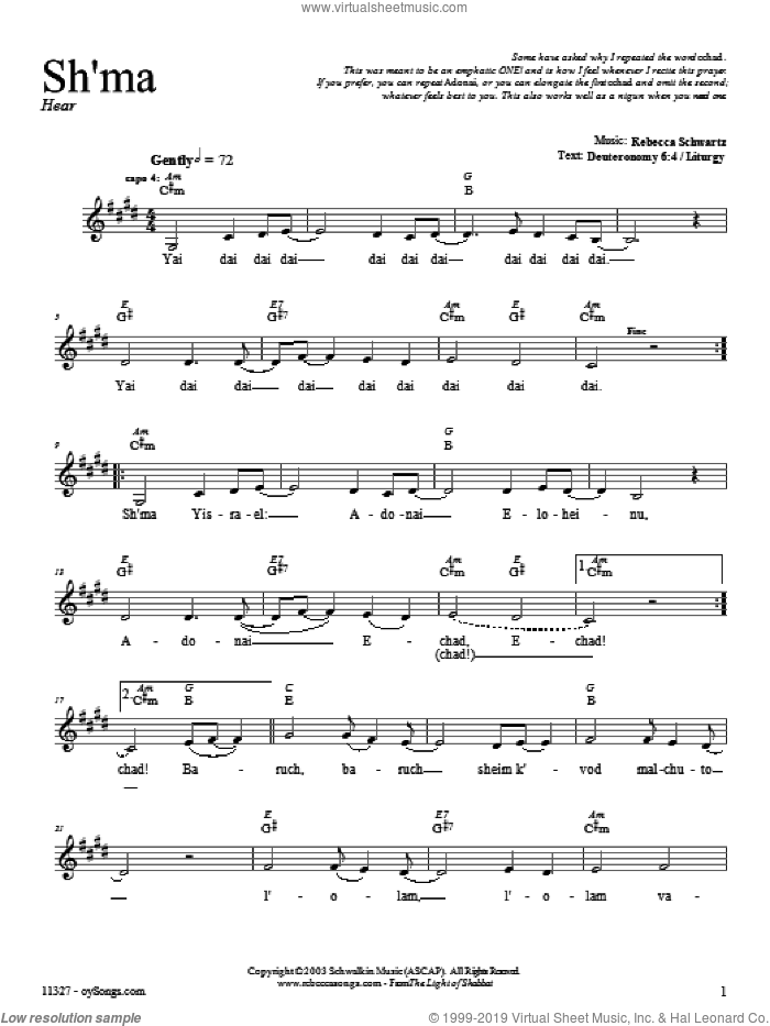 Sh'ma sheet music for voice and other instruments (fake book) by Rebecca Schwartz, intermediate skill level
