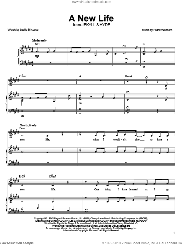 A New Life sheet music for voice, piano or guitar by Linda Eder, Jekyll & Hyde (Musical), Frank Wildhorn and Leslie Bricusse, intermediate skill level