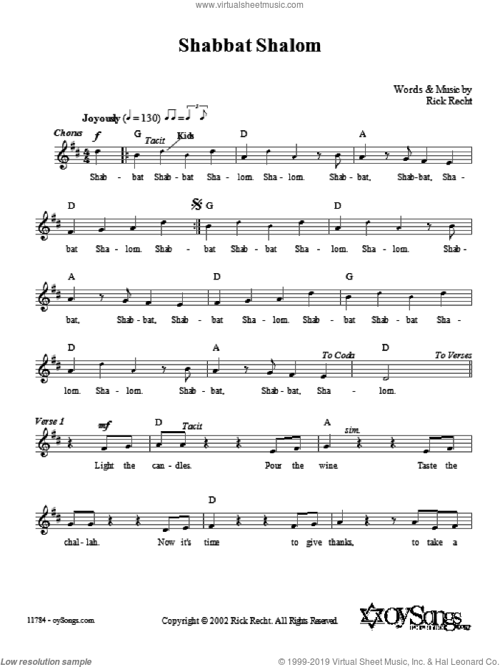 Shabbat Shalom sheet music for voice and other instruments (fake book) by Rick Recht, intermediate skill level