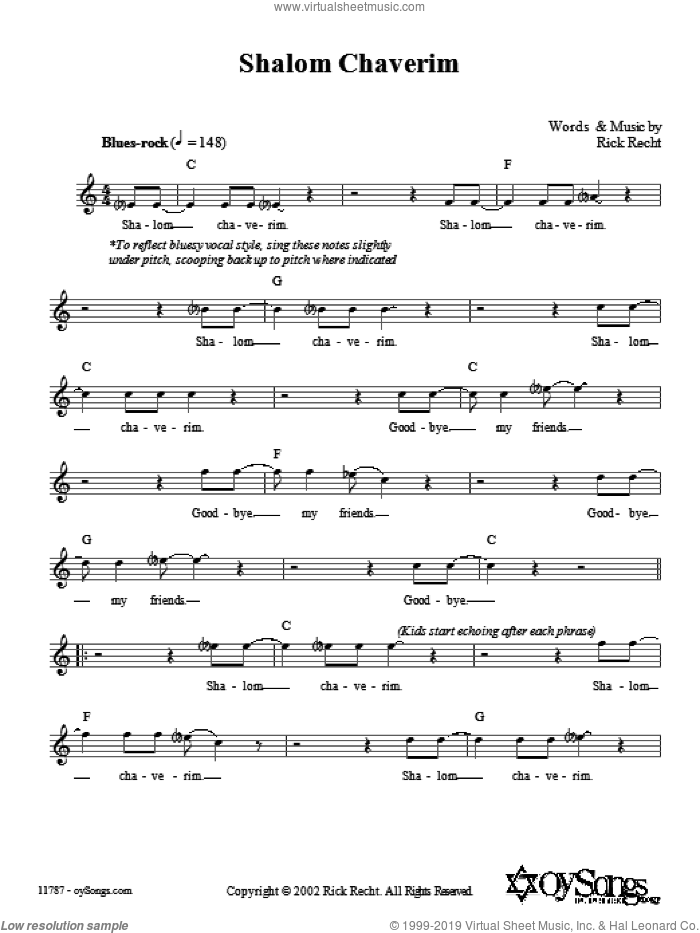 Shalom Chaverim sheet music for voice and other instruments (fake book) by Rick Recht, intermediate skill level