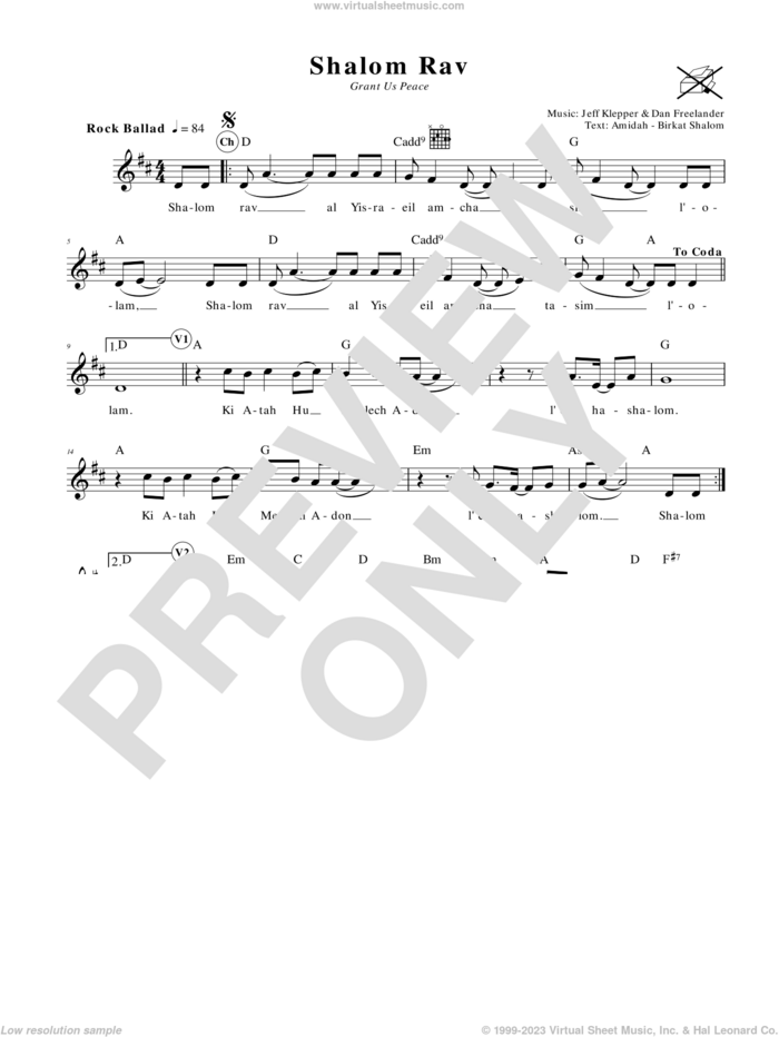 Shalom Rav (Grant Us Peace) sheet music for voice and other instruments (fake book) by Jeff Klepper and Dan Freelander, intermediate skill level