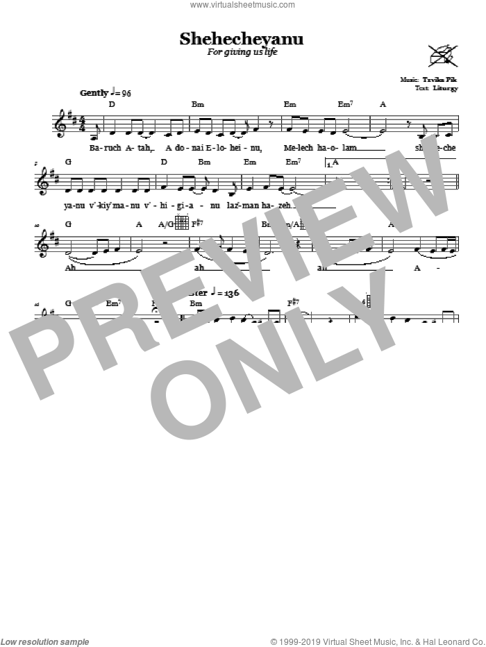 Shehecheyanu (For Giving Us Life) sheet music for voice and other instruments (fake book) by Tzvika Pik, intermediate skill level