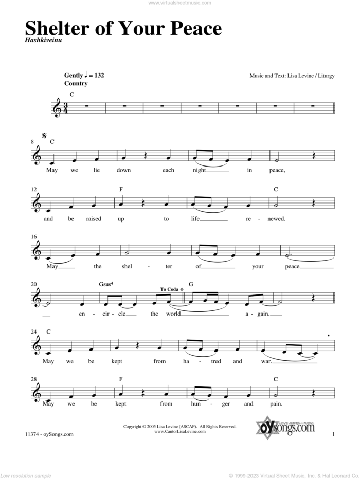 Shelter of Your Peace sheet music for voice and other instruments (fake book) by Lisa Levine, intermediate skill level
