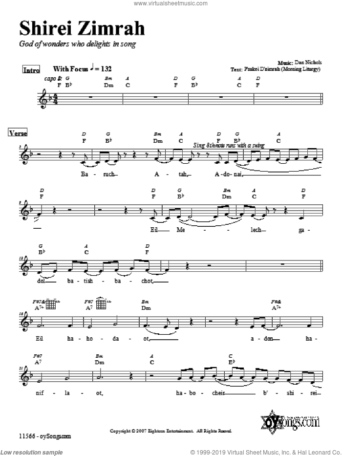 Shirei Zimrah sheet music for voice and other instruments (fake book) by Dan Nichols, intermediate skill level