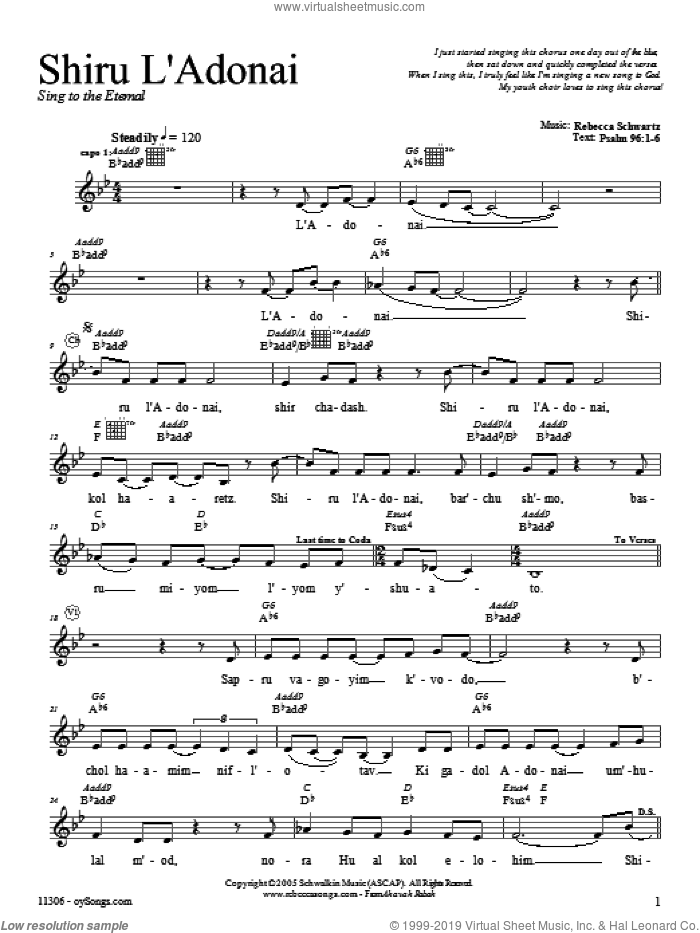 Shiru L'Adonai sheet music for voice and other instruments (fake book) by Rebecca Schwartz, intermediate skill level