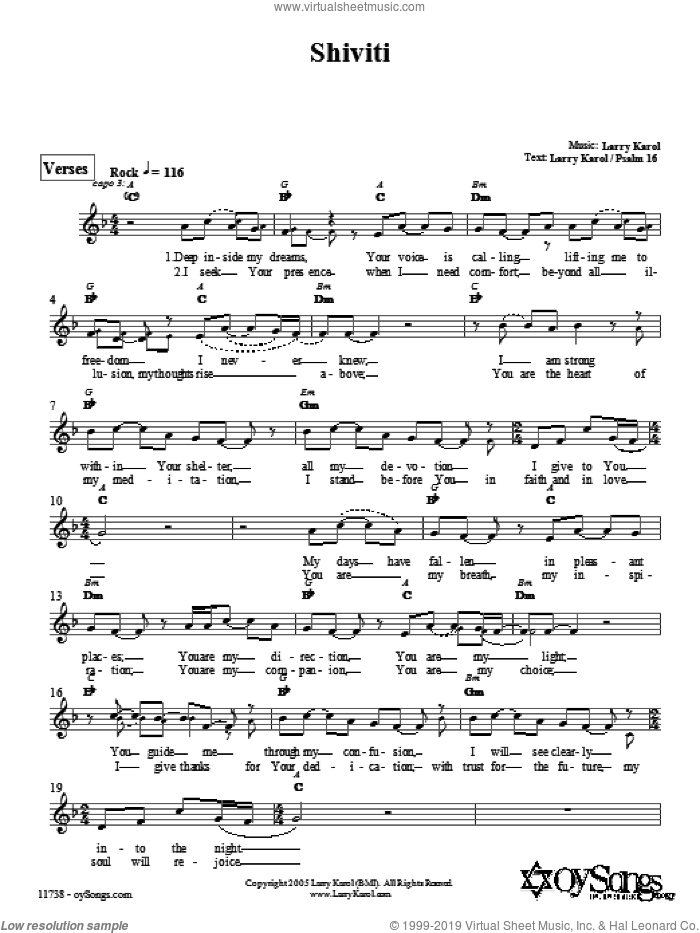 Shiviti sheet music for voice and other instruments (fake book) by Larry Karol, intermediate skill level