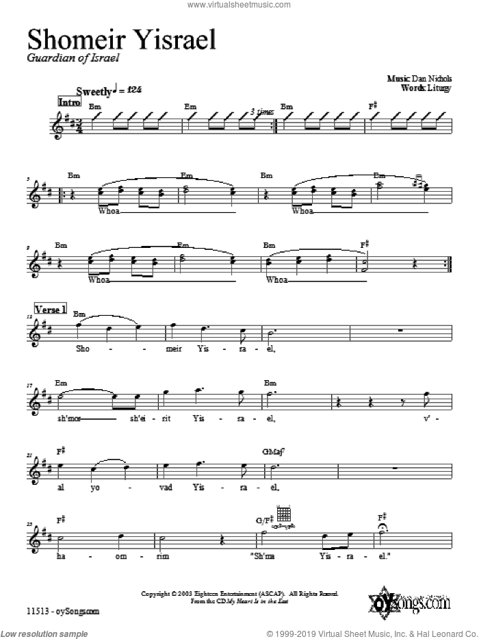 Shomeir Yisrael sheet music for voice and other instruments (fake book) by Dan Nichols, intermediate skill level