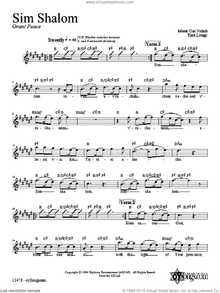 Sim Shalom sheet music for voice and other instruments (fake book) by Dan Nichols, intermediate skill level