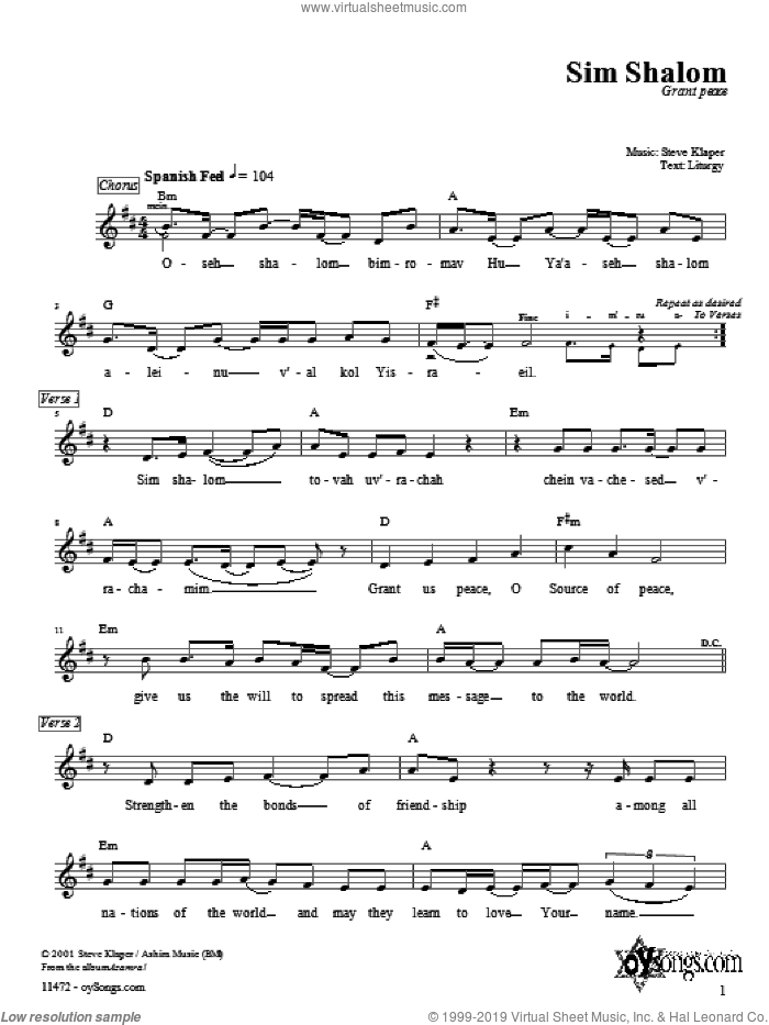 Sim Shalom sheet music for voice and other instruments (fake book) by Steve Klaper, intermediate skill level