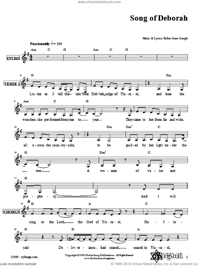 Song of Deborah sheet music for voice and other instruments (fake book) by Robin Joseph, intermediate skill level