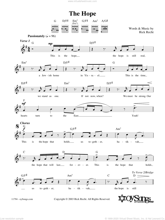 The Hope sheet music for voice and other instruments (fake book) by Rick Recht, intermediate skill level
