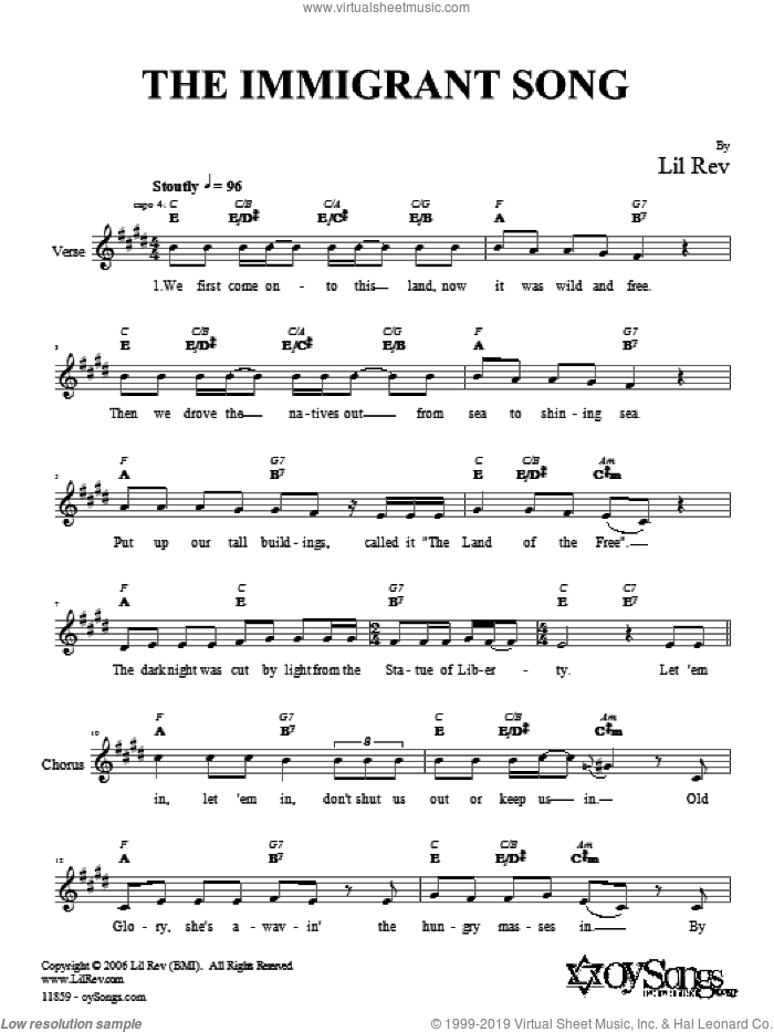 The Immigrant Song sheet music for voice and other instruments (fake book) by Lil Rev, intermediate skill level
