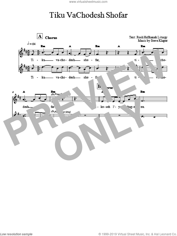 Tiku VaChodesh Shofar sheet music for voice and other instruments (fake book) by Steve Klaper, intermediate skill level