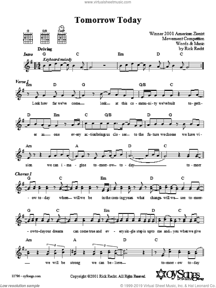 Tomorrow Today sheet music for voice and other instruments (fake book) by Rick Recht, intermediate skill level