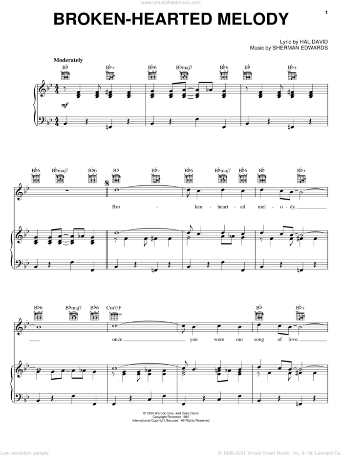 Broken-Hearted Melody sheet music for voice, piano or guitar by Sarah Vaughan, Julie London, Hal David and Sherman Edwards, intermediate skill level