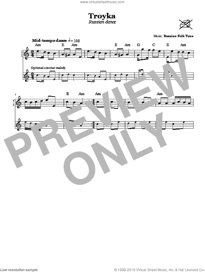 Troyka (Russian Dance) sheet music for voice and other instruments (fake book), intermediate skill level