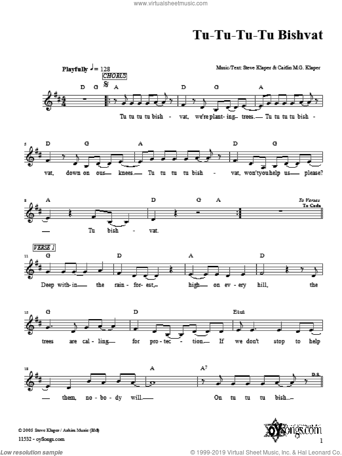 Tu-Tu-Tu-Tu Bishvat sheet music for voice and other instruments (fake book) by Steve Klaper, intermediate skill level